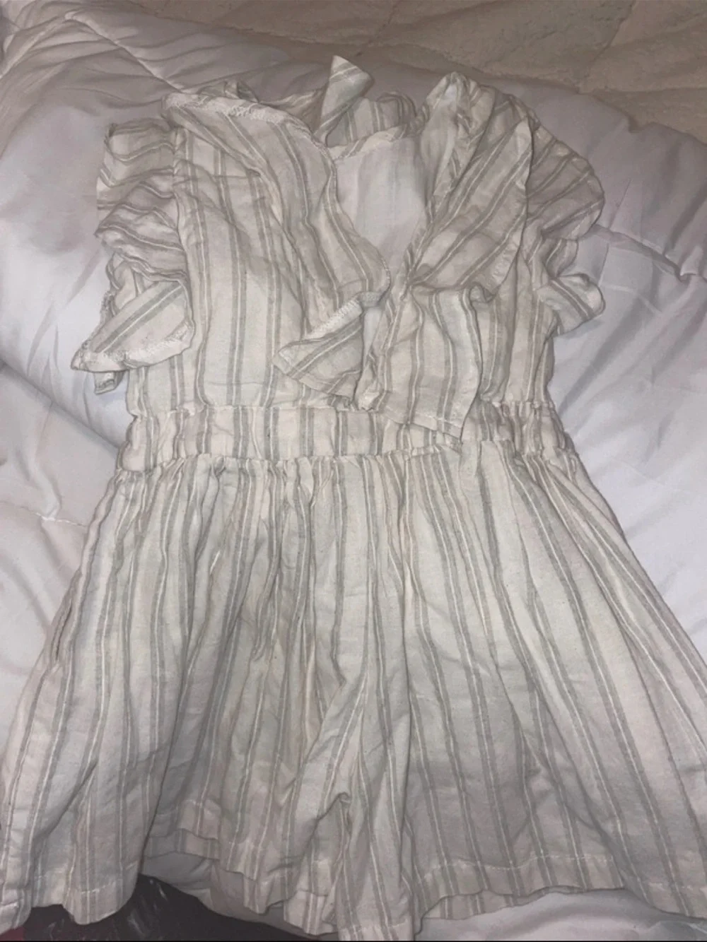 Girls Cream Striped Ruffle Sleeve Dress